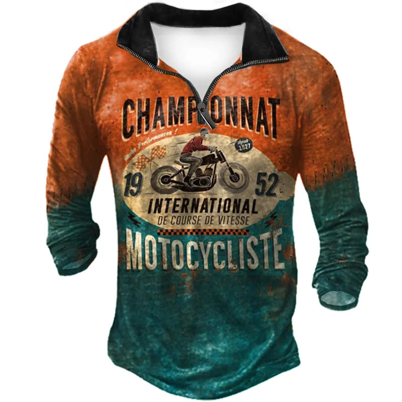 Champion Motorcycle Men's Vintage Zipper Long Sleeve Polo Shirt / [viawink] /