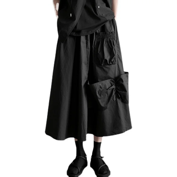 Casual Black Elastic Waist Folds Pocket Bow Patchwork Skirt      