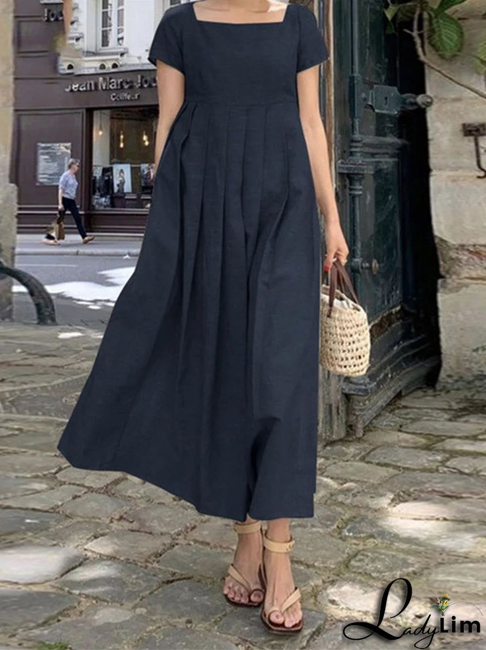 Women's Short Sleeve Scoop Neck Cotton Linen Casual Midi Dress