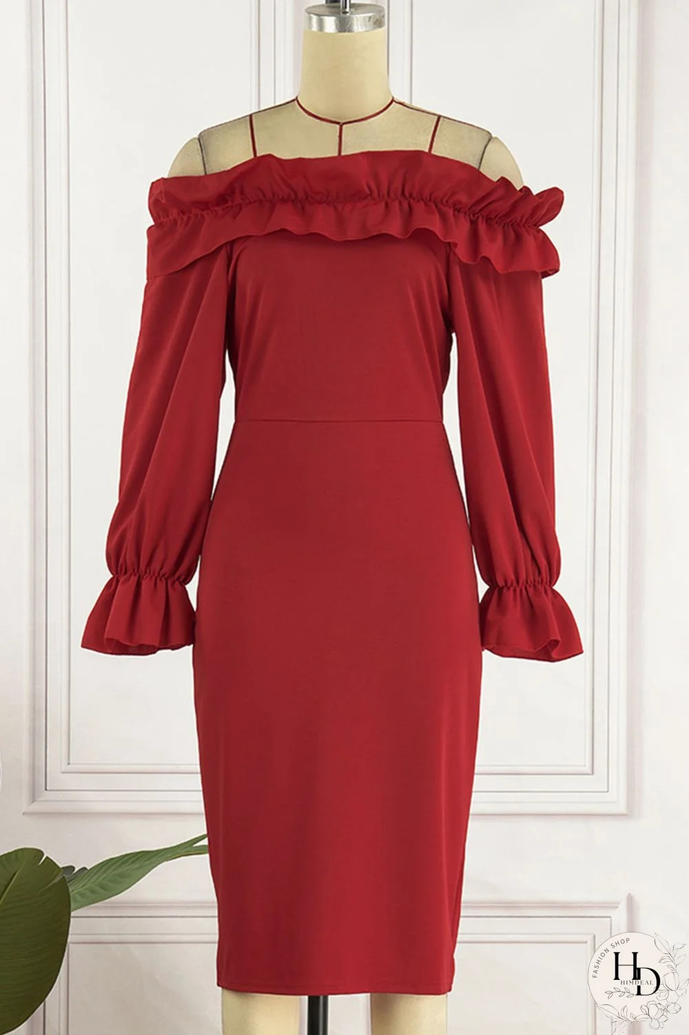 Rose Red Elegant Solid Patchwork Flounce Off the Shoulder One Step Skirt Dresses