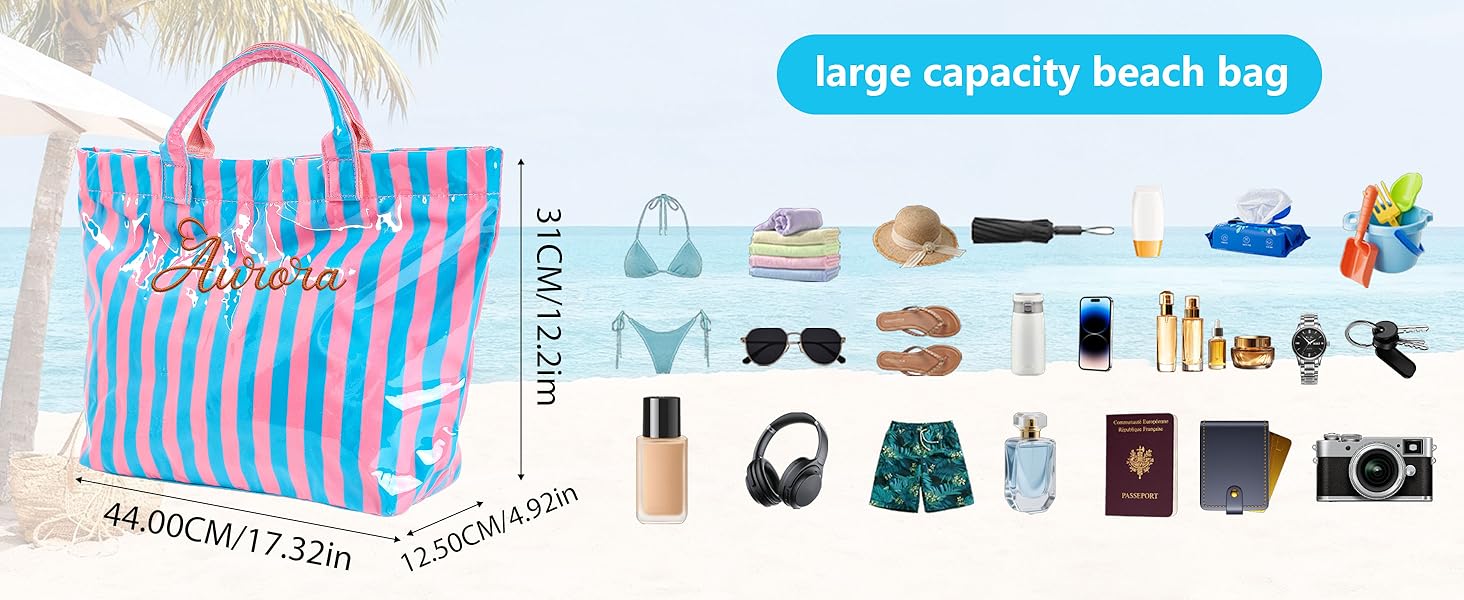 Personalized Beach Tote Bag with Name, Custom Embroidery Waterproof Striped Tote for Women