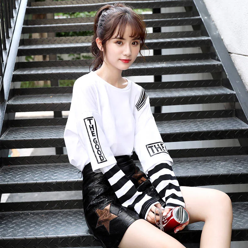 2021 Japan Hip Hop T-Shirts Female Funny Casual Long Sleeve Strip Harajuku TShirt Streetwear Women Fake Two Piece T shirt Girls