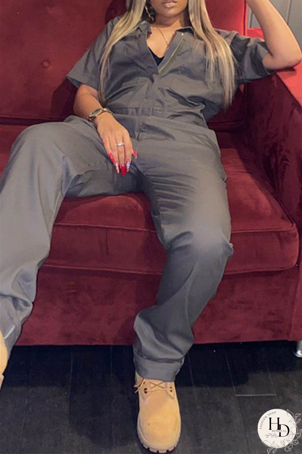 Grey Fashion Casual Solid Basic Turndown Collar Regular Jumpsuits