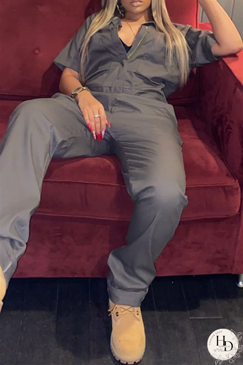 Grey Fashion Casual Solid Basic Turndown Collar Regular Jumpsuits