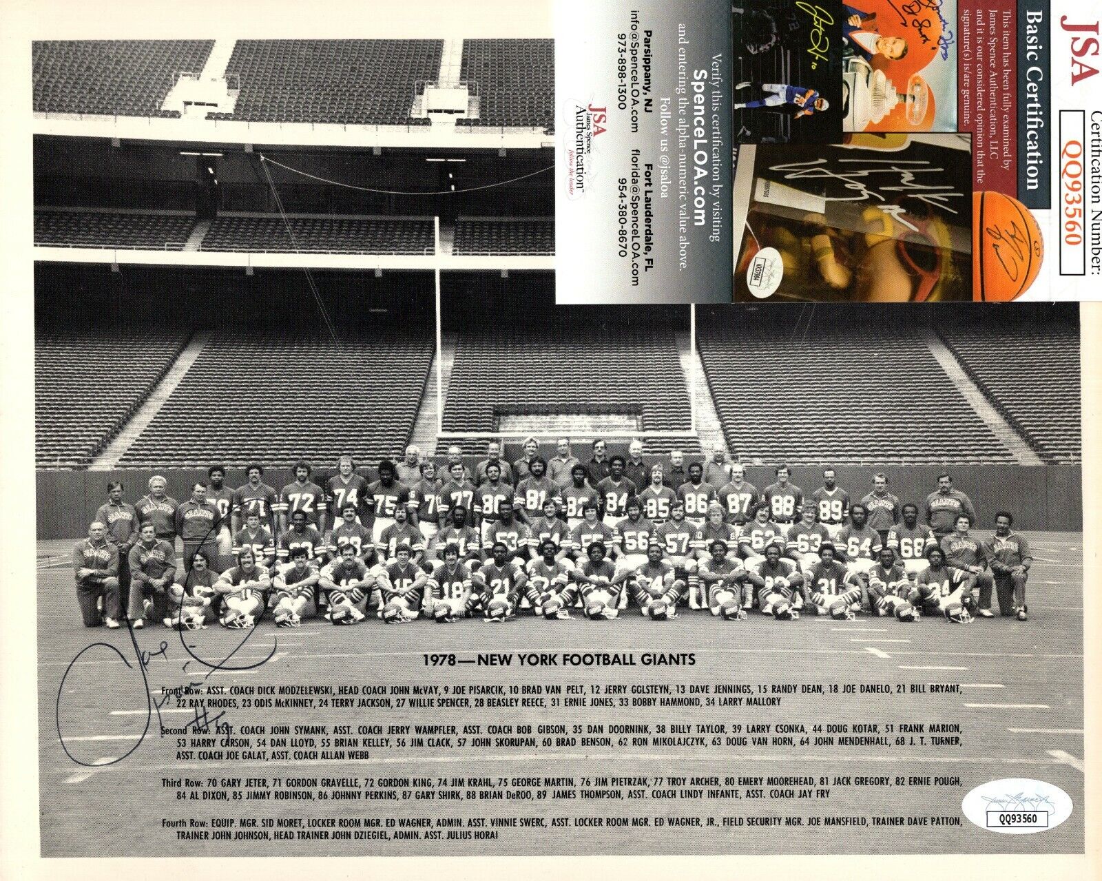 Joe Pisarcik Hand Signed Autograph 8x10 NY Giants 1978 Team Photo Poster painting