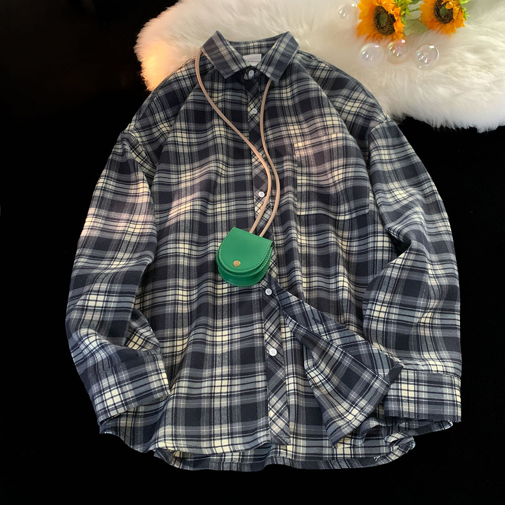 Mayfirstaudio Autumn Hong Kong Style Checkered Shirt Men Summer Trend Loose Casual Long Sleeved Shirt Lapel Thin Jacket