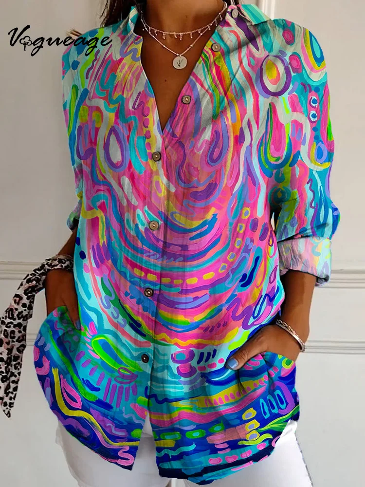 Gorgeous Watercolor Stripes Ribbon Long Sleeves Printed Cotton And Linen Shirt