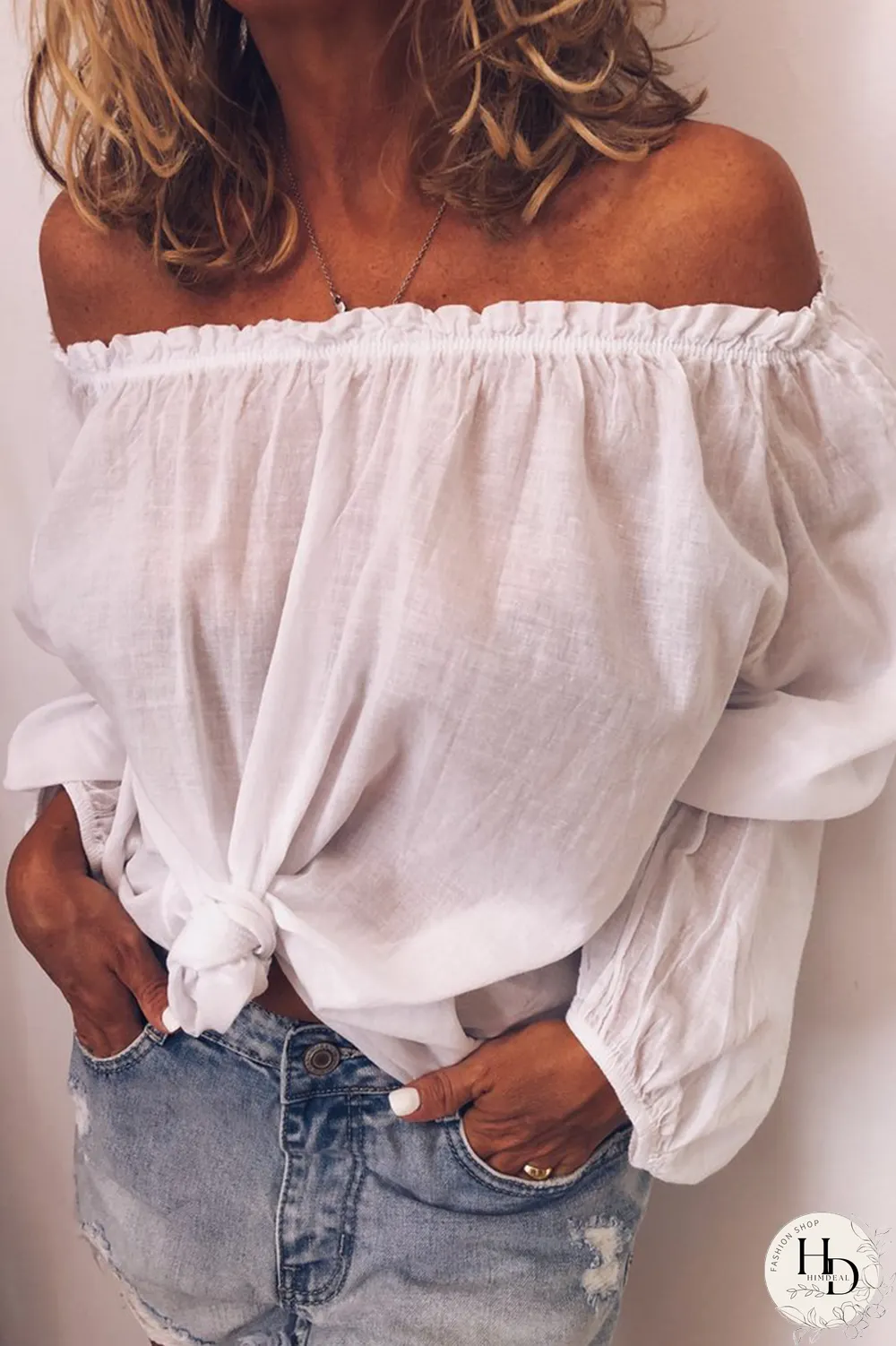 Casual Solid Stringy Selvedge Off the Shoulder Tops(3 Colors)