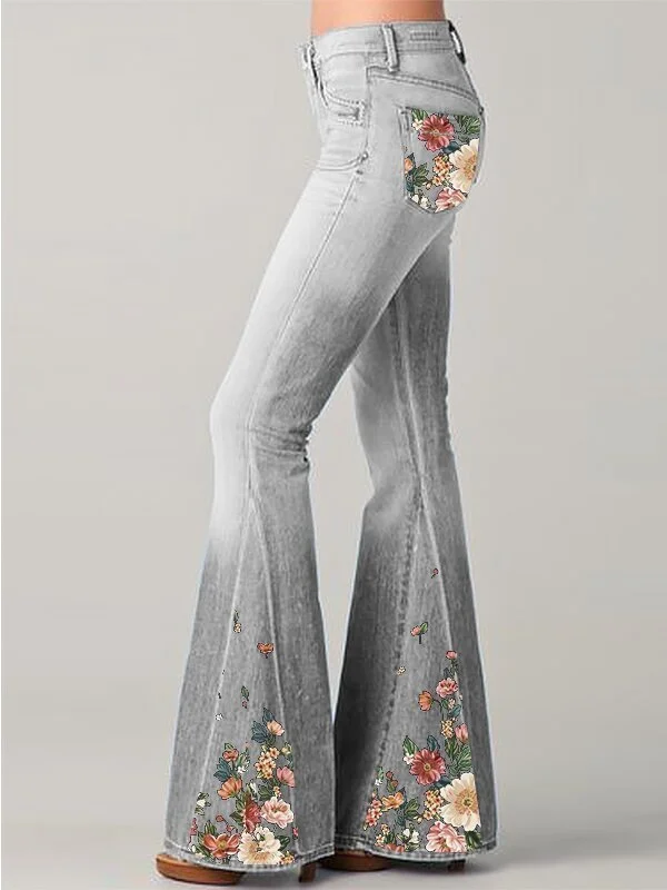 Gradient color flower print imitation pants flared pants