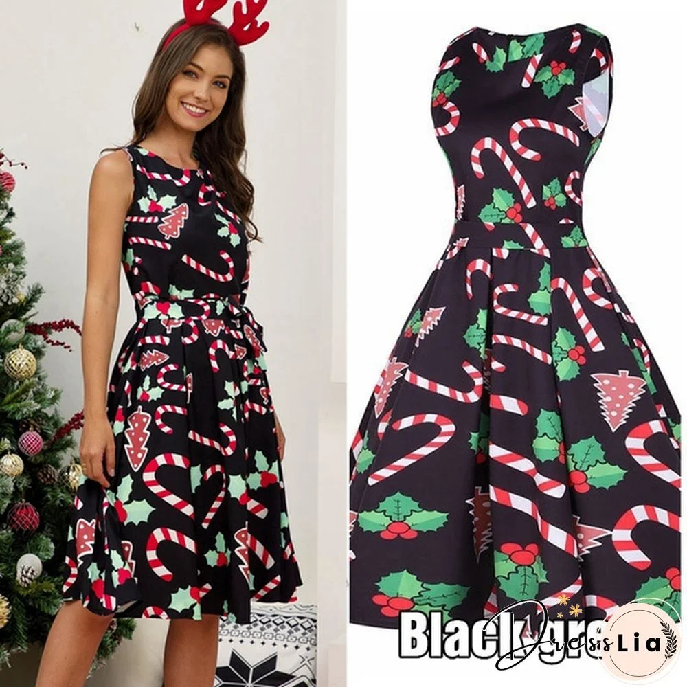 Womens Vintage Sleeveless Santa Christmas 1950s Retro Xmas Evening Prom Swing Dress