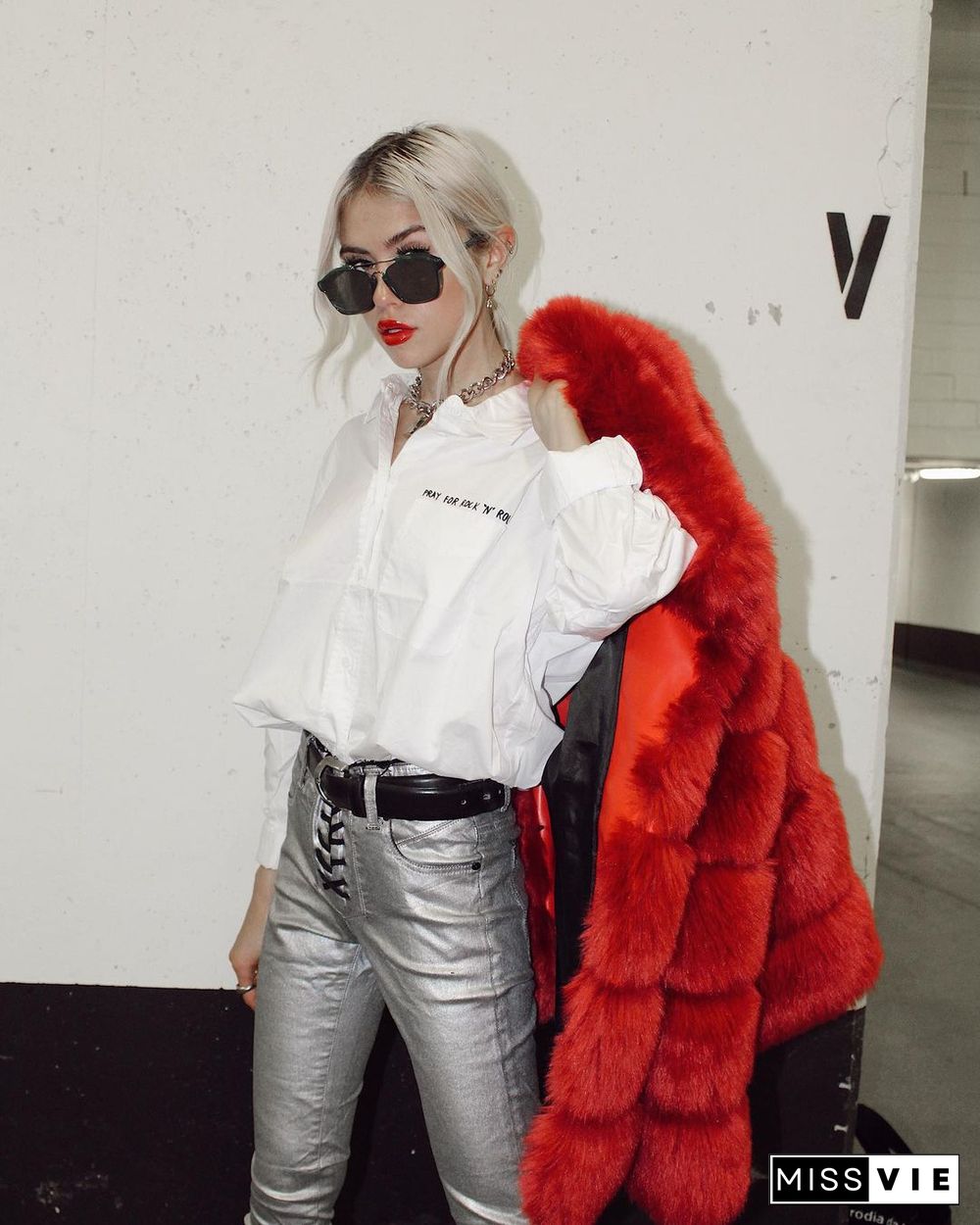 Layer O Neck Faux Fur Coat