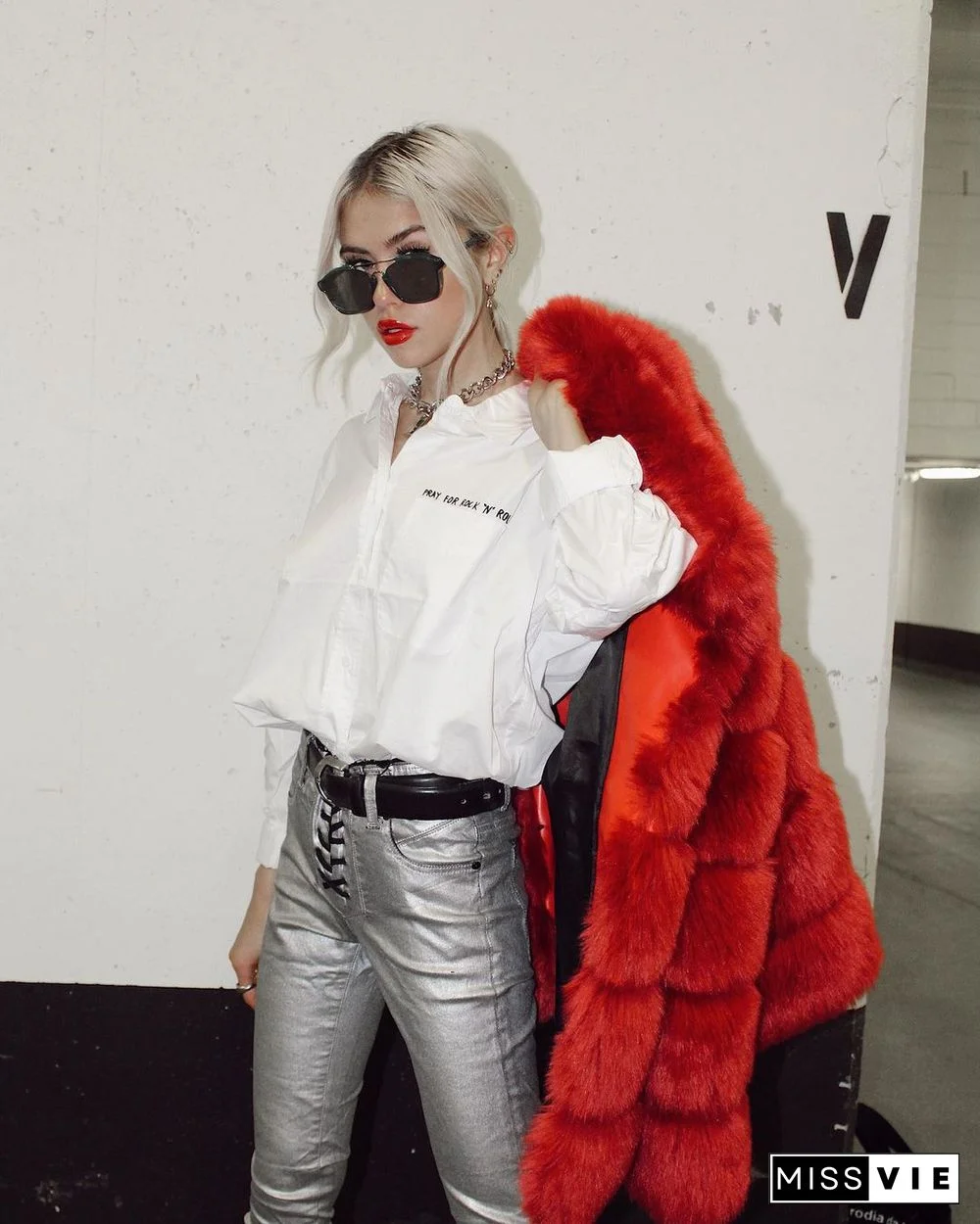 Layer O Neck Faux Fur Coat