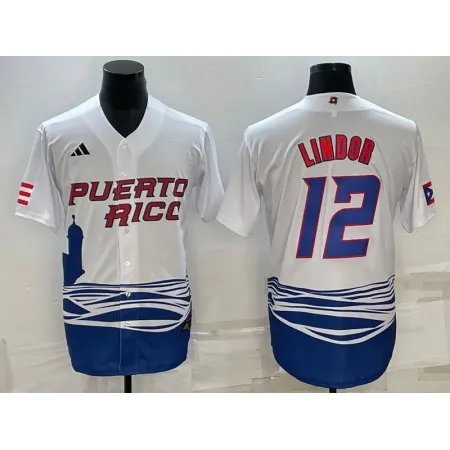 Men's Puerto Rico Baseball #12 Francisco Lindor 2023 White World Baseball Classic Stitched Jersey DTC1