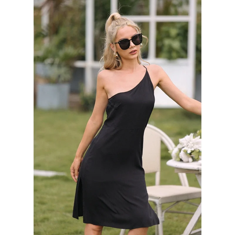 One Shoulder Sling Dresses Sleeveless Casual Solid Elegant Sexy Slip Dress Black Slit Mini Fashion Women's Clothes 2022 Summer