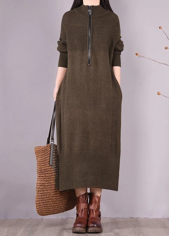 Chic Chocolate Dresses Zippered Pockets Maxi Spring Dress