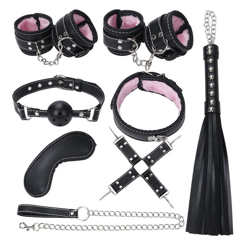 Seven Piece Set Of Plush Handcuffs Binding Whip Flirting