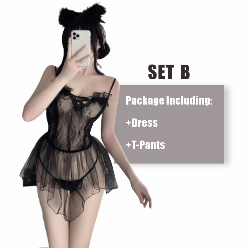 Billionm OJBK Women Lingerie Lace Halter Teddy V Neck Sleepwear Exotic Open Front Negligee Mesh Perspective Temptation Sling Nightdress