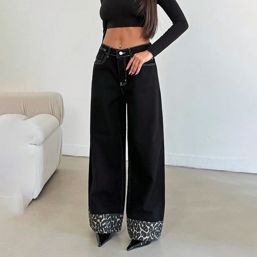 Athvotar Athvotar Straight Trousers Feet Spliced Leopard Trousers Babes Essential Personality Leopard Print Base Black High-Waisted Thin Jeans