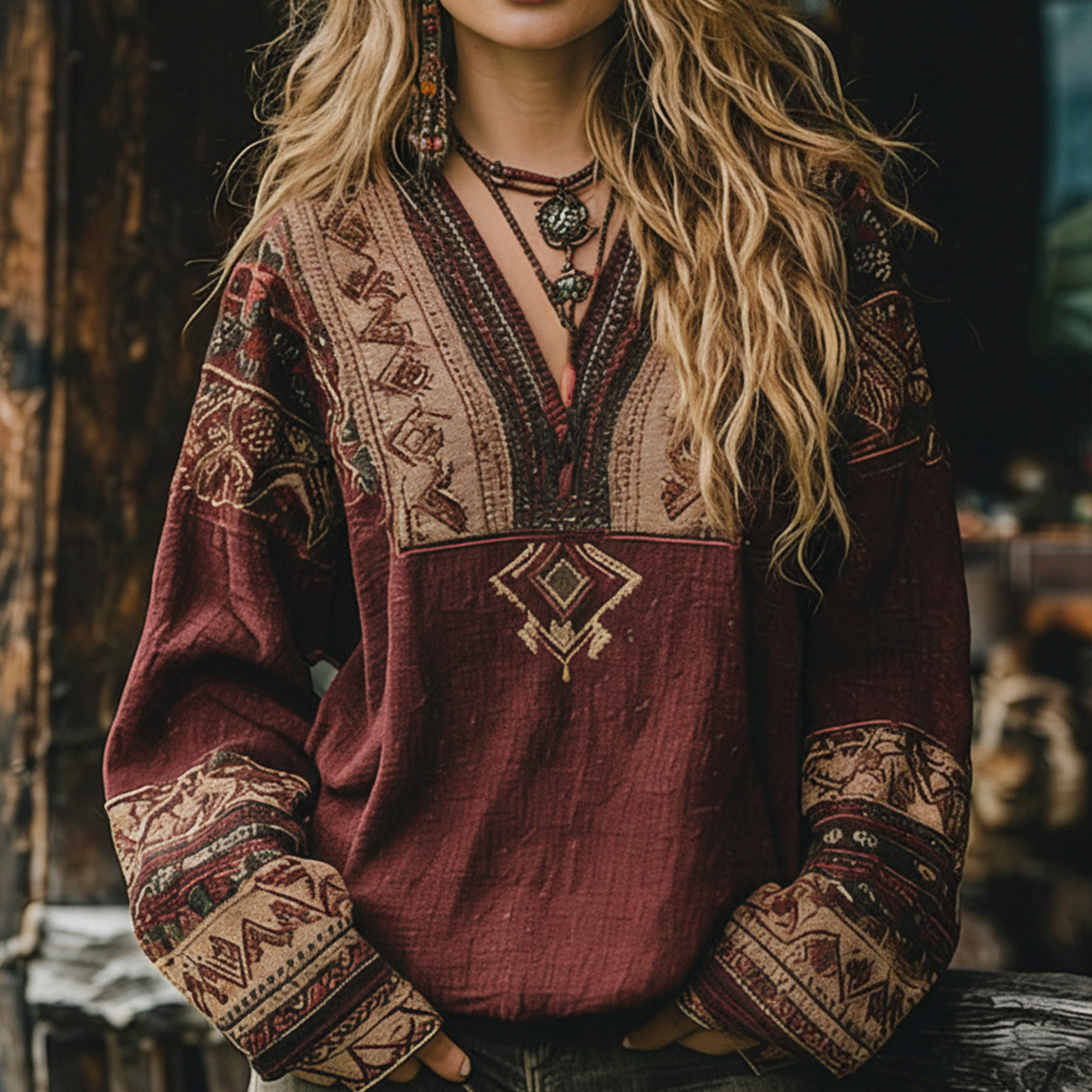 Linen Bohemian Embroidered Top Women's Loose Long Sleeve Peasant Blouse Ethnic Vintage Style Summer Casual Shirt - Helixace