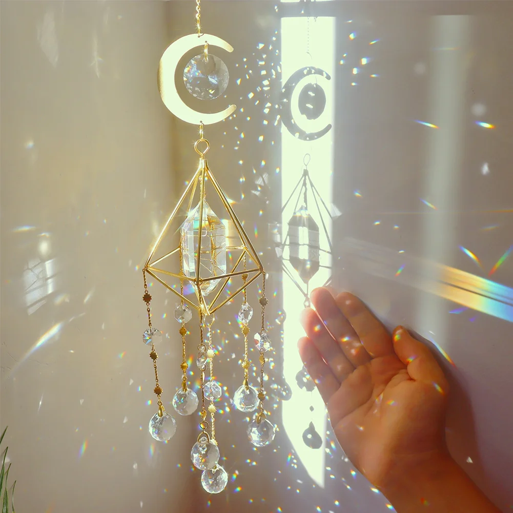 Metal Rainbow Collection Hanging Hexagon Moon Crystal Prisms Wind Chimes