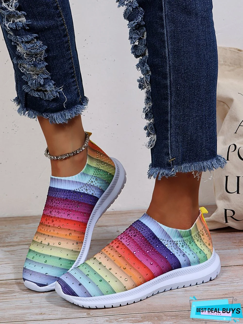 Rainbow Stripe Rhinestone Flyknit Sneakers