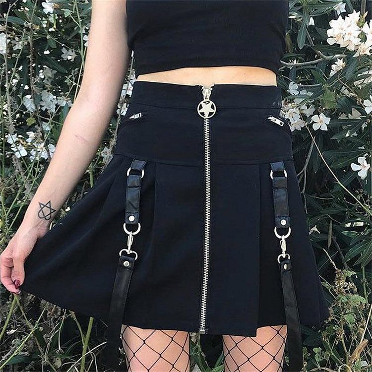 Black Punk Rock Gothic Zipper Stitching Skirt S13015