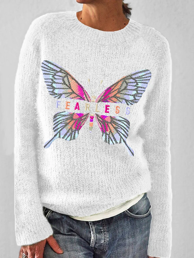 VChics Fearless Butterfly Embroidery Pattern Cozy Knit Sweater
