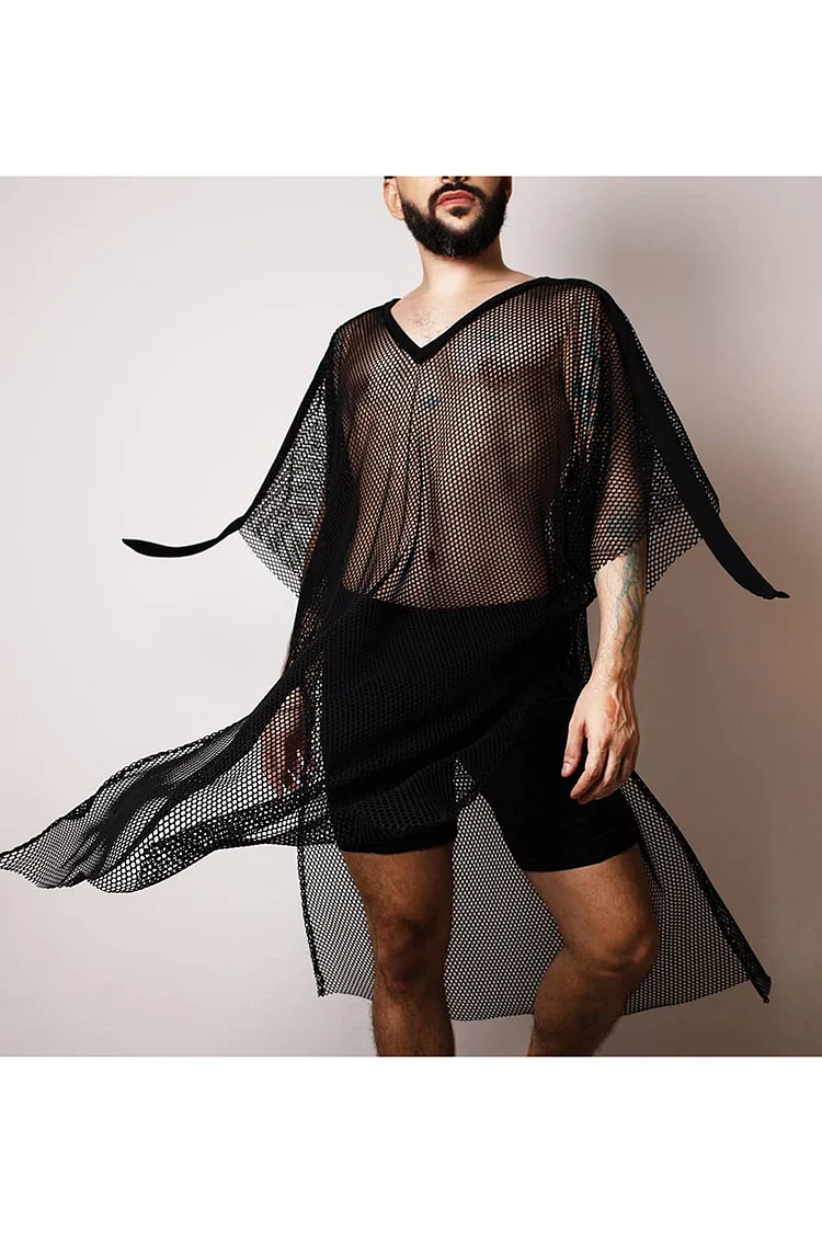 Fishnet See Through Side Slit V-Neck Long T-shirt 