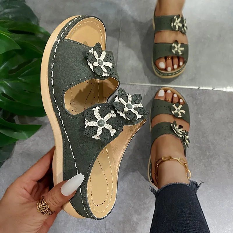 Breakj Breakj Summer New Thick-Bottomed Slippers Car Sewing Round Head Flowers Decorated Casual Slippers Women's Shoes Thick Soles
