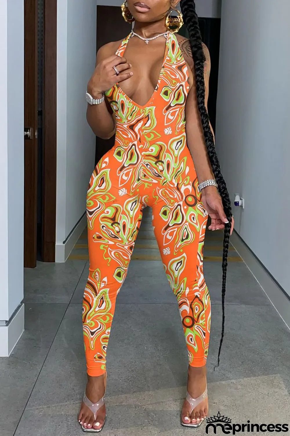 Orange Sexy Print Split Joint Backless Halter Skinny Jumpsuits