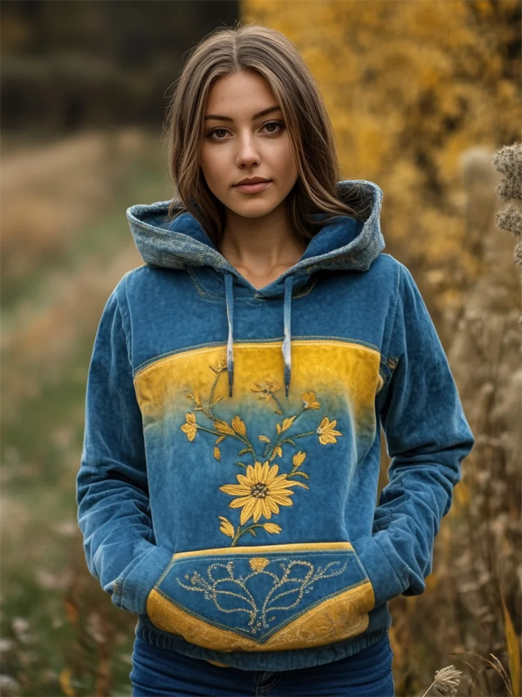 Ukraine Ethnic Floral Embroidered Gradient Washed Hoodie
