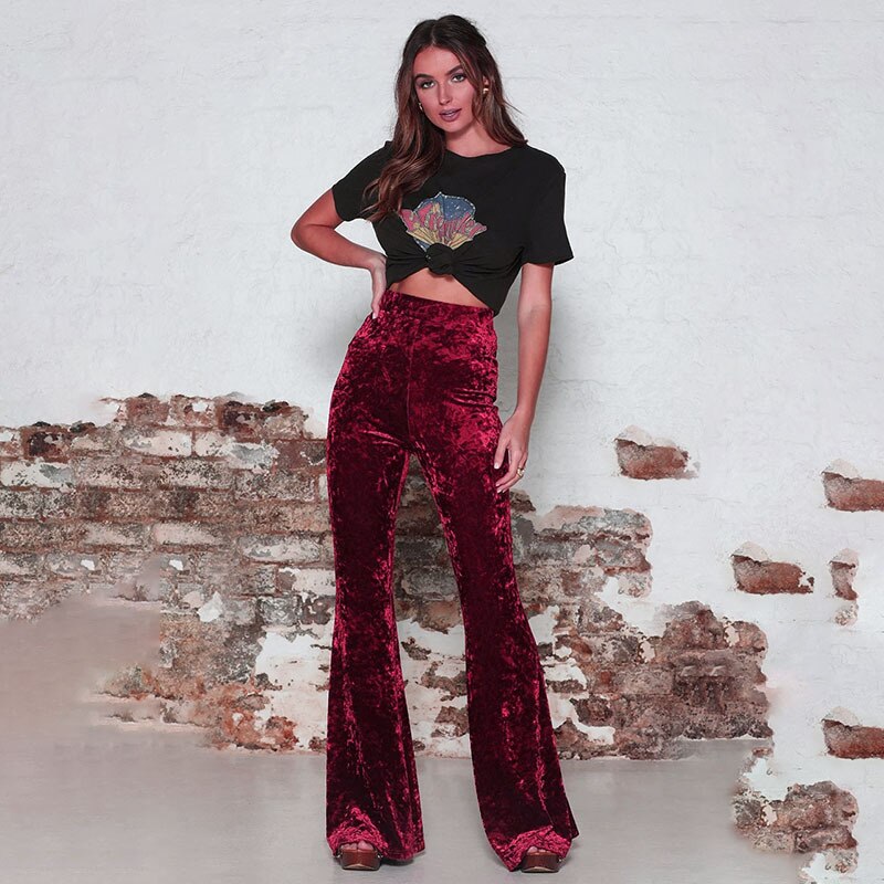 Womens High Waist Gold Velvet Flare Leggings Ladies Solid Casual Stretch Wide Leg Trousers
