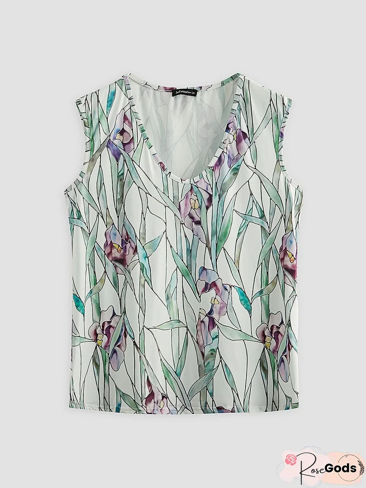 Geometric Flower Print Holiday Beach Loose Sleeveless Top T-Shirt Plus Size