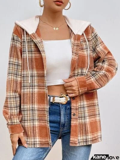 Plaid Button Up Drawstring Hooded Jacket