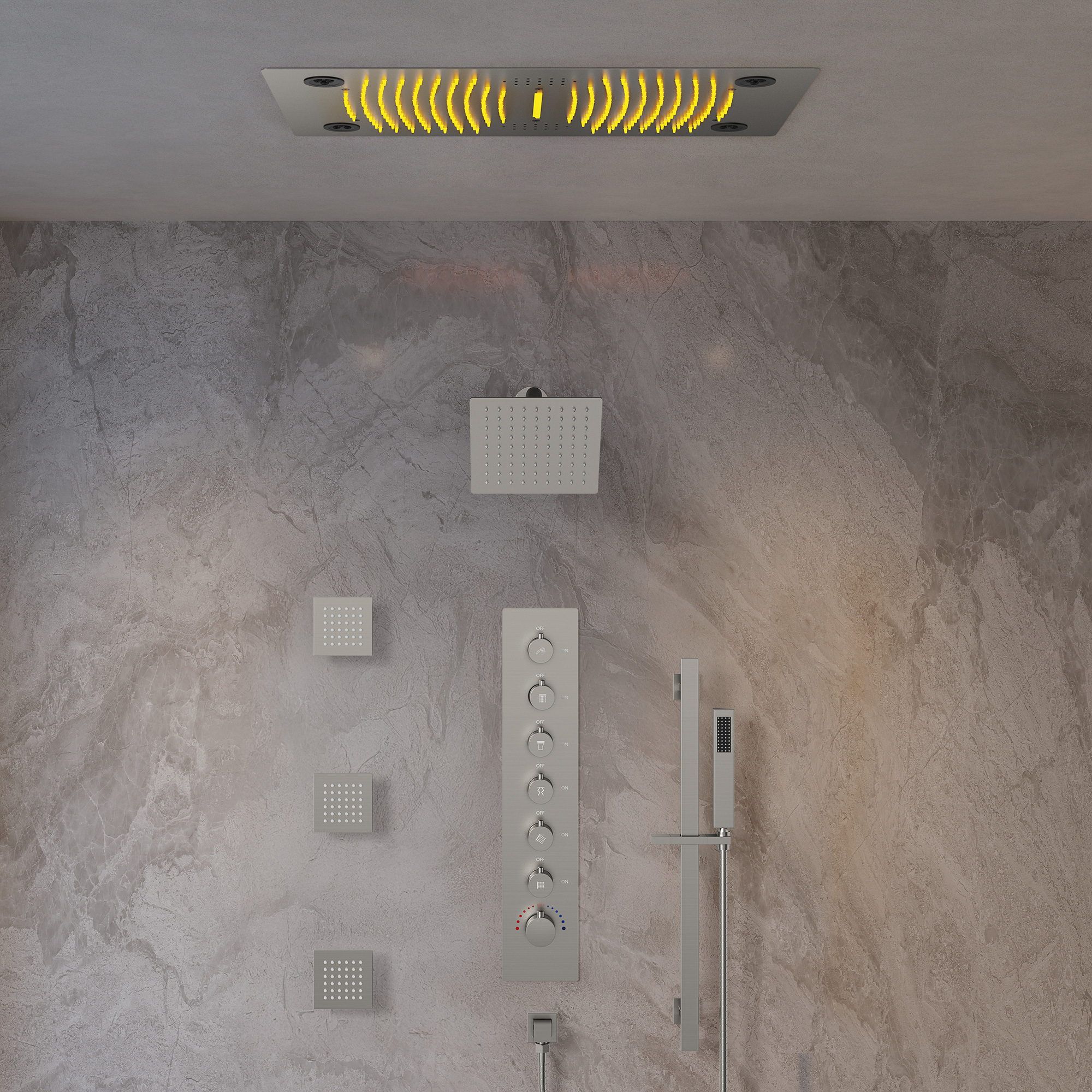 Bluetooth Music & LED AuroraSymphony Luxury Shower System, 28" & 10" Dual Ceiling-Mount Shower Heads with 6 Spray Modes and 3-Jet Handheld, Brushed Nickel