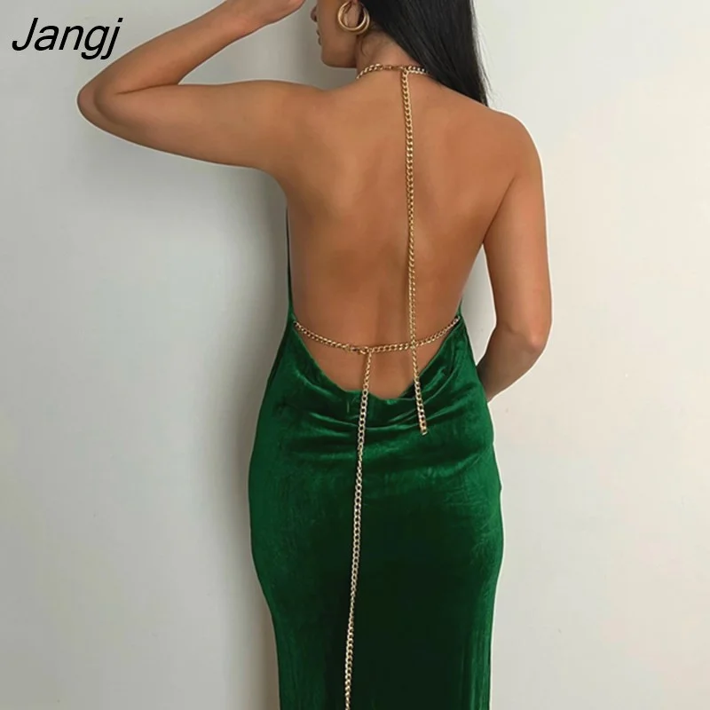 Jangj Strap Backless Long Dresses For Women Elegant Velvet Party Dress Cowl Neck Halter Draped Bodycon Dress Sexy