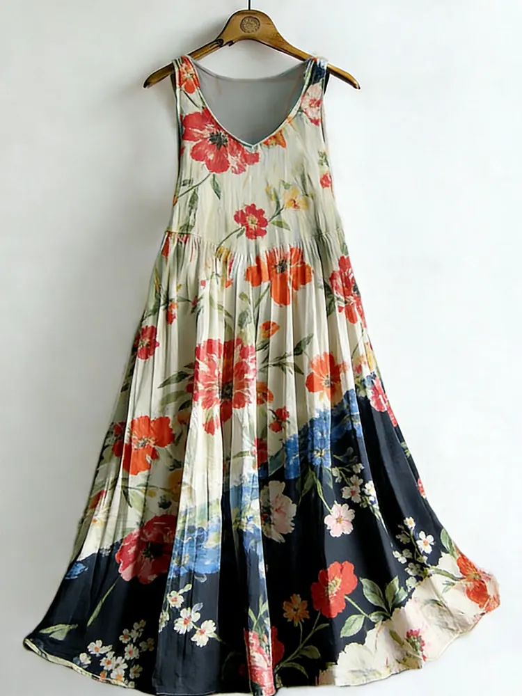 Women's Vintage Floral Colorblock Sleeveless Cotton Dress