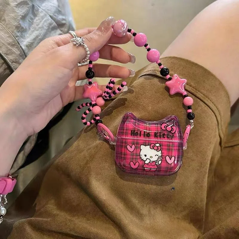 Pink Plaid Cartoon Kitty Airpods Case KI653