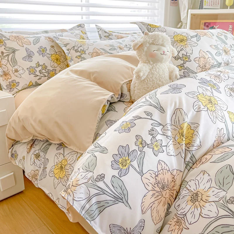 Aonga Pink Tulip Bedding Set No Filler Ins 2025 New Twin Queen Size Comforter Duvet Cover Flat Sheet Pillowcase Boys Girls Bed Linens aonga