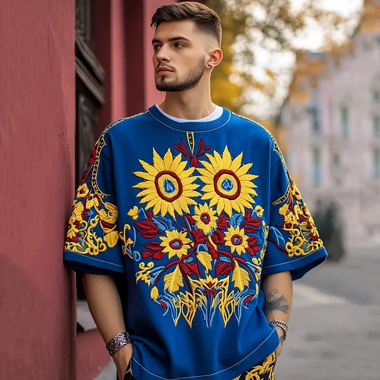 Men's Ukrainian Floral Embroidered Casual T-shirt