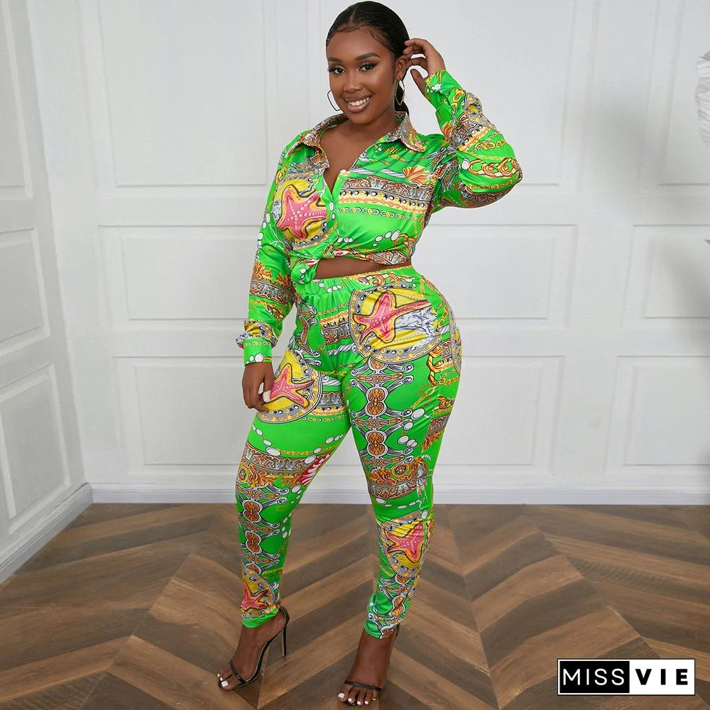 Plus Size Print Turn Down Shirt Top Pencil Pants Suit