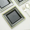 10 Pack | 7" Gold Trim Black Square Plastic Salad Dessert Plates