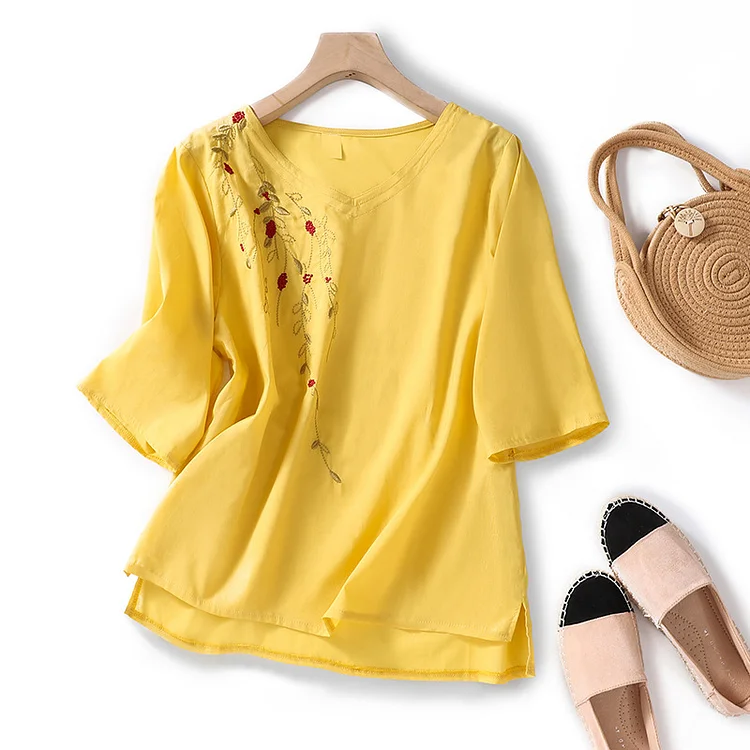 Women's Cotton Linen Blouse Embroidery Floral V-Neck Mid Sleeve Loose Light Weight Linen Top