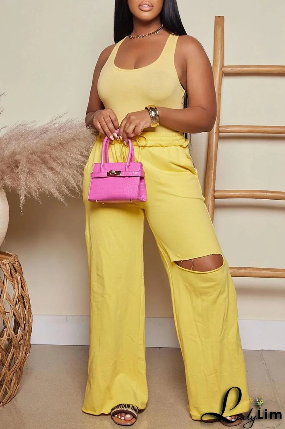 Black Casual Solid Ripped Patchwork U Neck Sleeveless Two Pieces