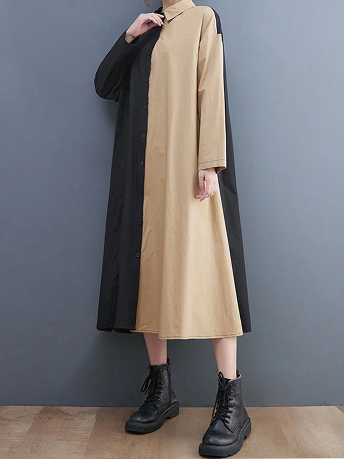 Fashion Two Tone Patchwork Shirt Cotton Linen Dress