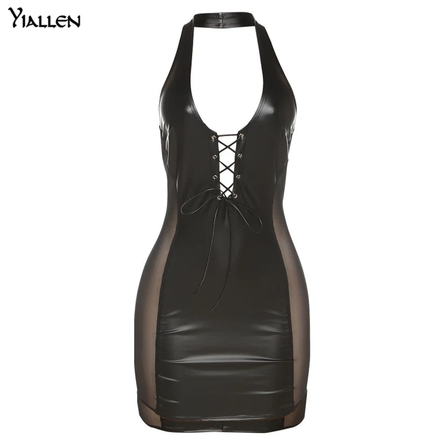 Yiallen Faux PU Leather Halter Bodycon Mini Dress Women Backless Patchwork Solid Deep V-Neck Side Lace Casual Lady Streetwear