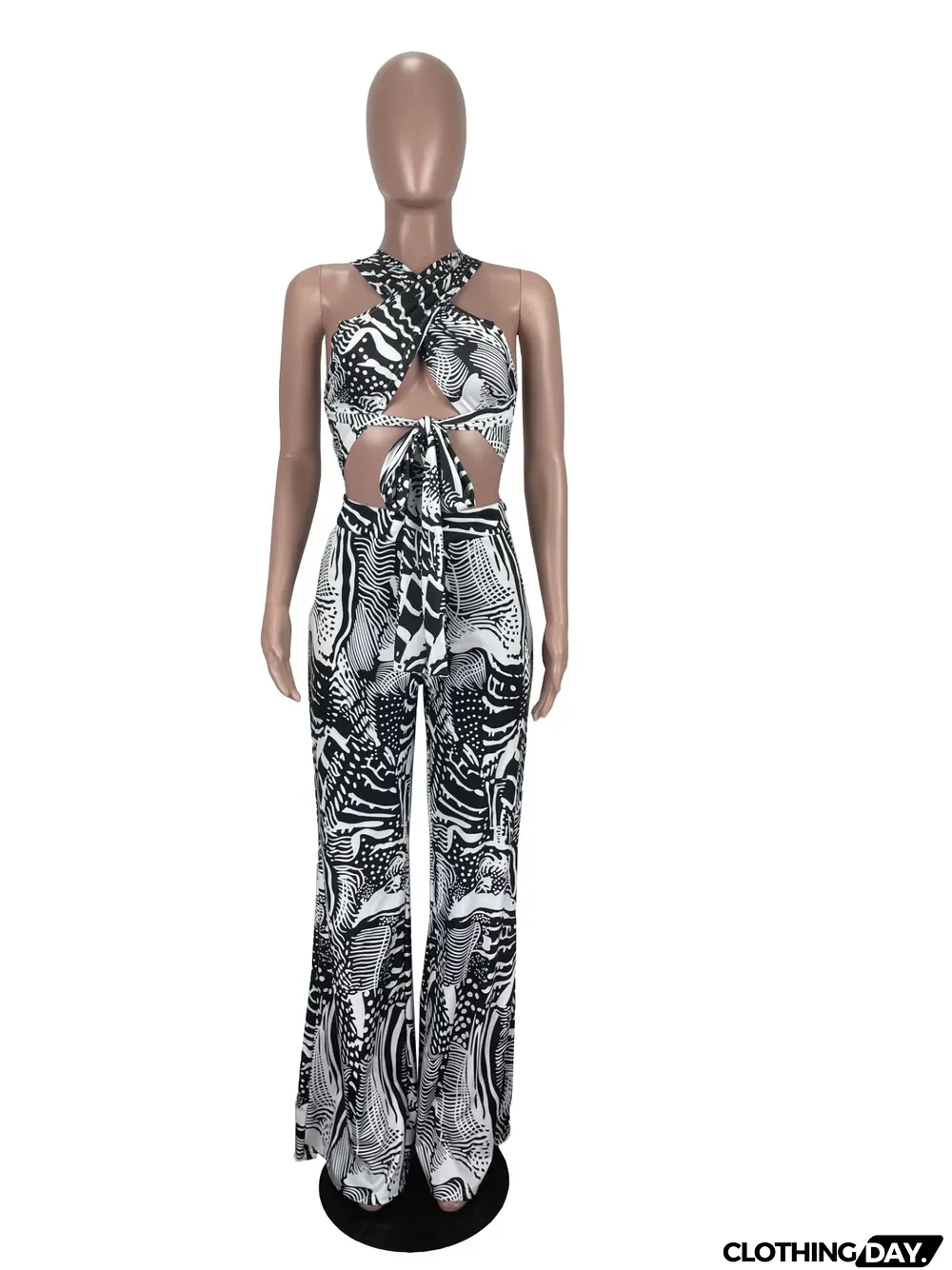 Fashion Tube Top Print Lace-Up Flared Pants Two-Piece Set