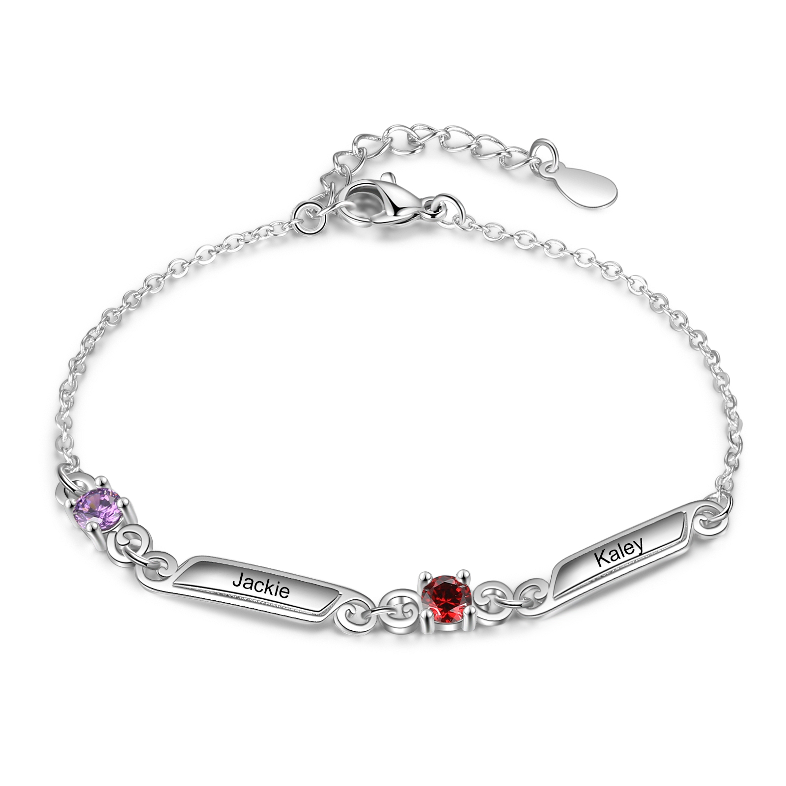 Personalized Birthstone Bracelet with 2 Birthstones Engraved 2 Names