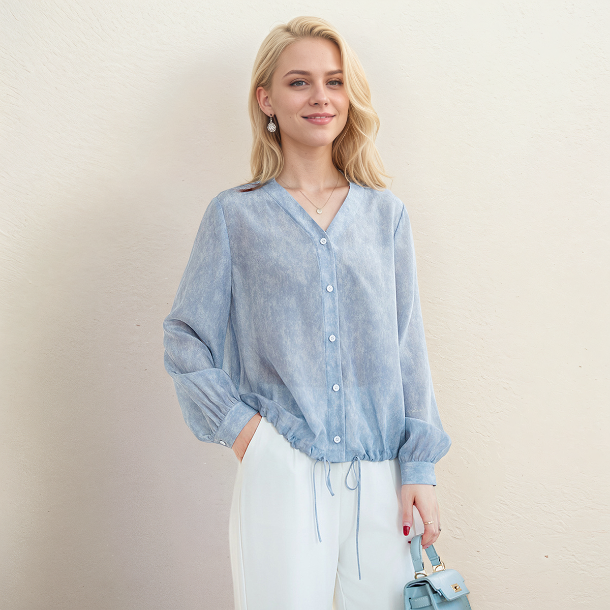 Silk Blouse With Drawstring Hem Blue REAL SILK LIFE