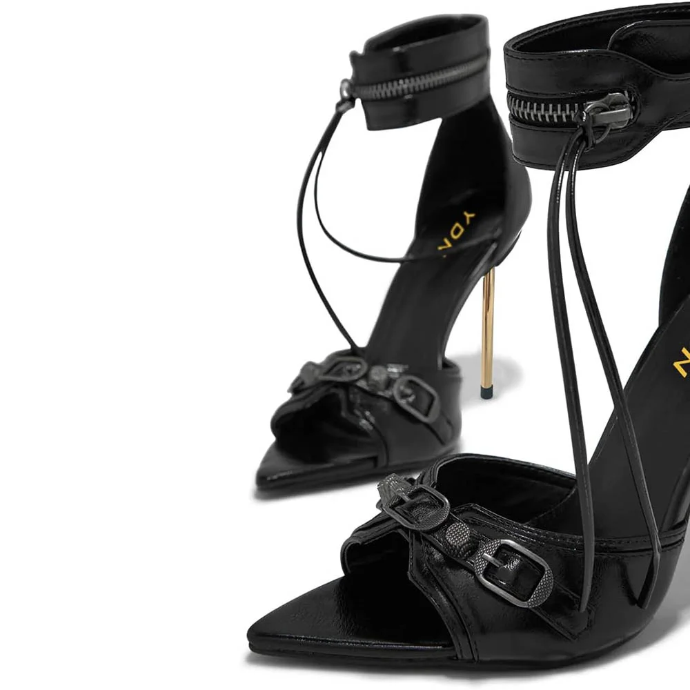 Black Buckle Open-Toe Zipped Ankle Strap Women's Heel Sandals